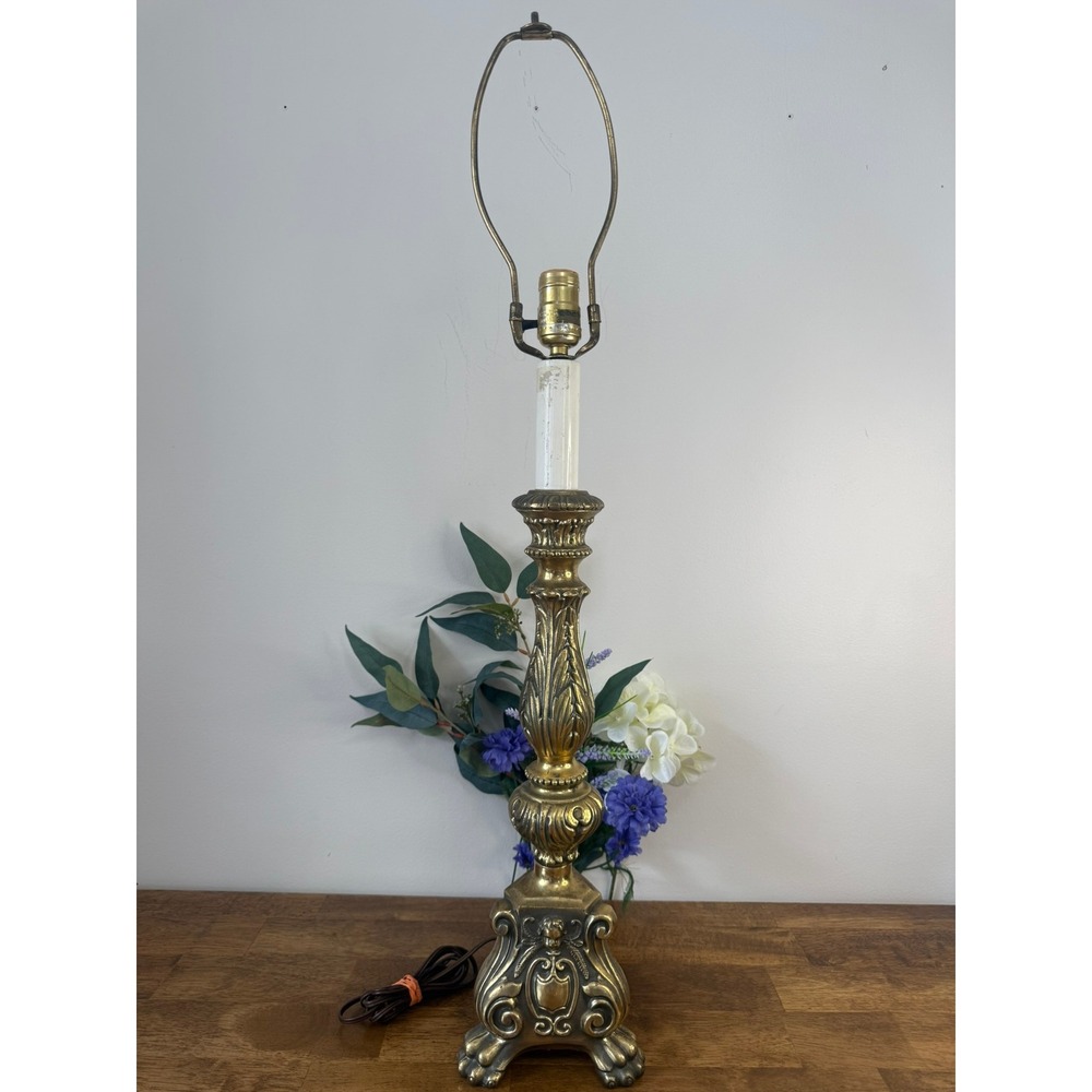 Vintage Ornate Brass Hollywood Regency Table‎ Lamp Cherub Claw Foot Base